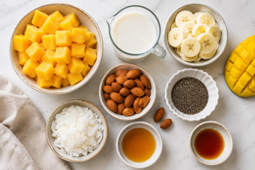 Ingredients for a Mango Almond Milk Smoothie Bowl including mango chunks, almond milk, banana, almonds, chia seeds, coconut flakes, honey, and vanilla extract.