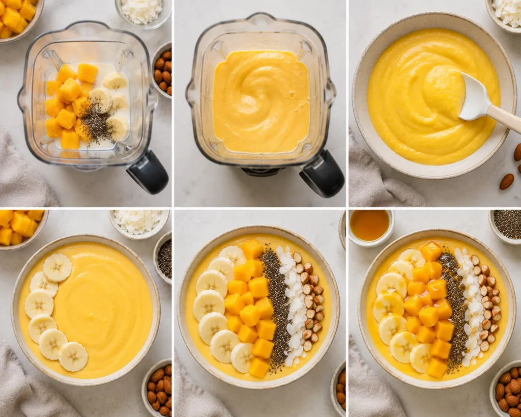 Step-by-step process of making a Mango Almond Milk Smoothie Bowl with mango, almond milk, banana, chia seeds, and healthy toppings.