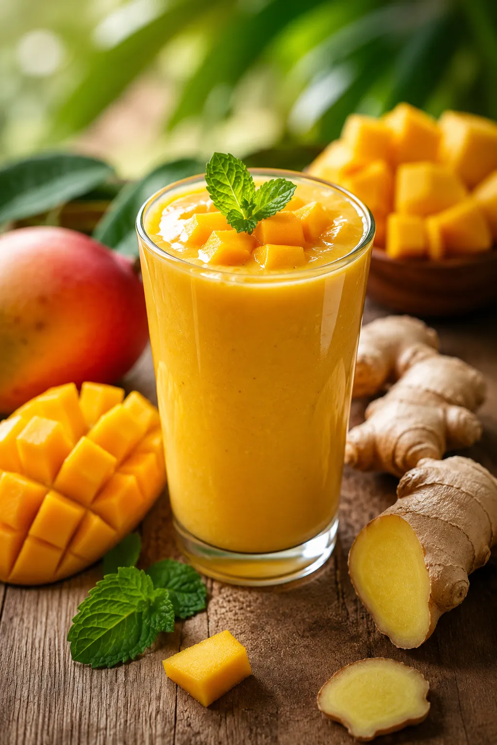 Healthy Mango Ginger Smoothie served in a glass with fresh mango chunks, ginger root, and mint leaves on a rustic wooden table. Refreshing tropical breakfast smoothie rich in vitamins and antioxidants.