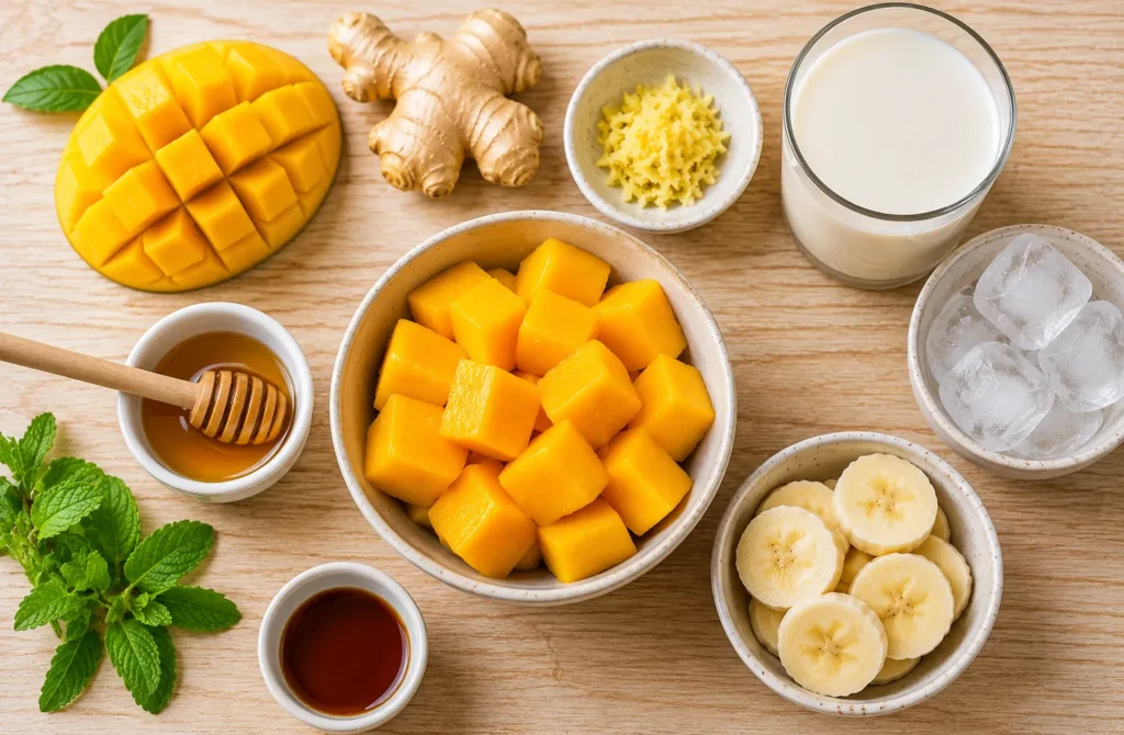 Ingredients for a Mango Ginger Smoothie including fresh mango chunks, grated ginger, banana slices, almond milk, honey, vanilla extract, ice cubes, and mint leaves arranged on a wooden table.