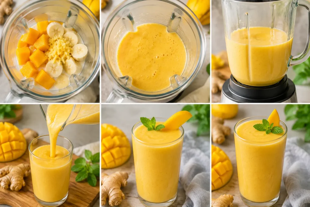 Step-by-step preparation of a Mango Ginger Smoothie showing fresh mango chunks, grated ginger, banana, blending process, and pouring the smoothie into a glass.