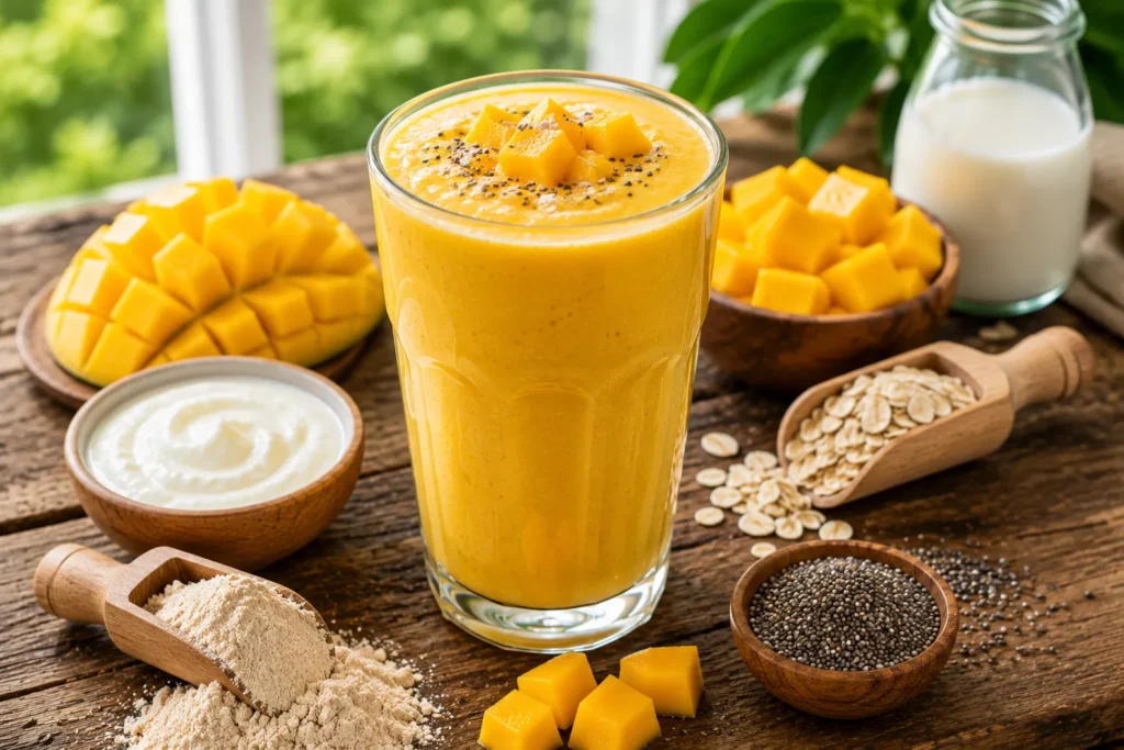 Creamy mango protein smoothie made with mango, Greek yogurt, chia seeds, oats, almond milk, and protein powder for healthy weight loss.