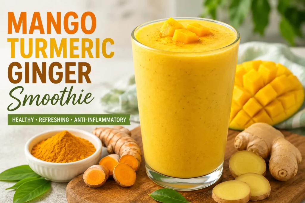 Mango Turmeric Ginger Smoothie in a glass with fresh mango chunks, turmeric root, turmeric powder, and ginger on a wooden table. Healthy anti-inflammatory smoothie recipe.