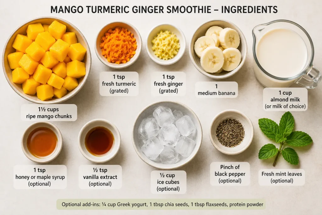 Ingredients for a Mango Turmeric Ginger Smoothie including mango chunks, fresh turmeric, ginger, banana, almond milk, honey, vanilla extract, ice cubes, black pepper, and mint leaves.
