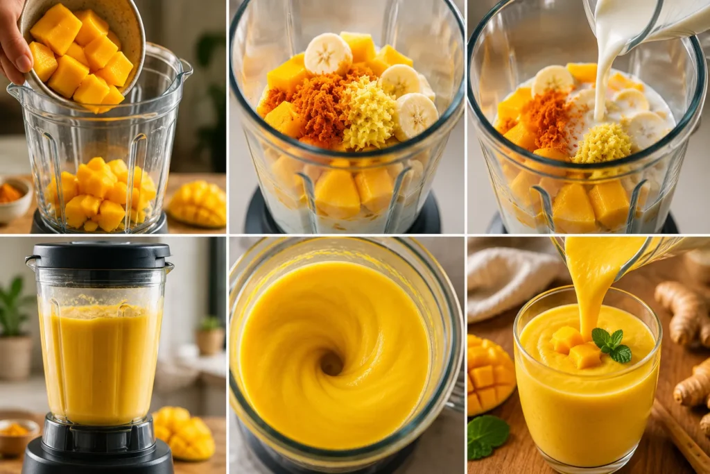 Step-by-step preparation of a Mango Turmeric Ginger Smoothie showing mango chunks, turmeric, ginger, banana, blending process, and pouring the smoothie into a glass.