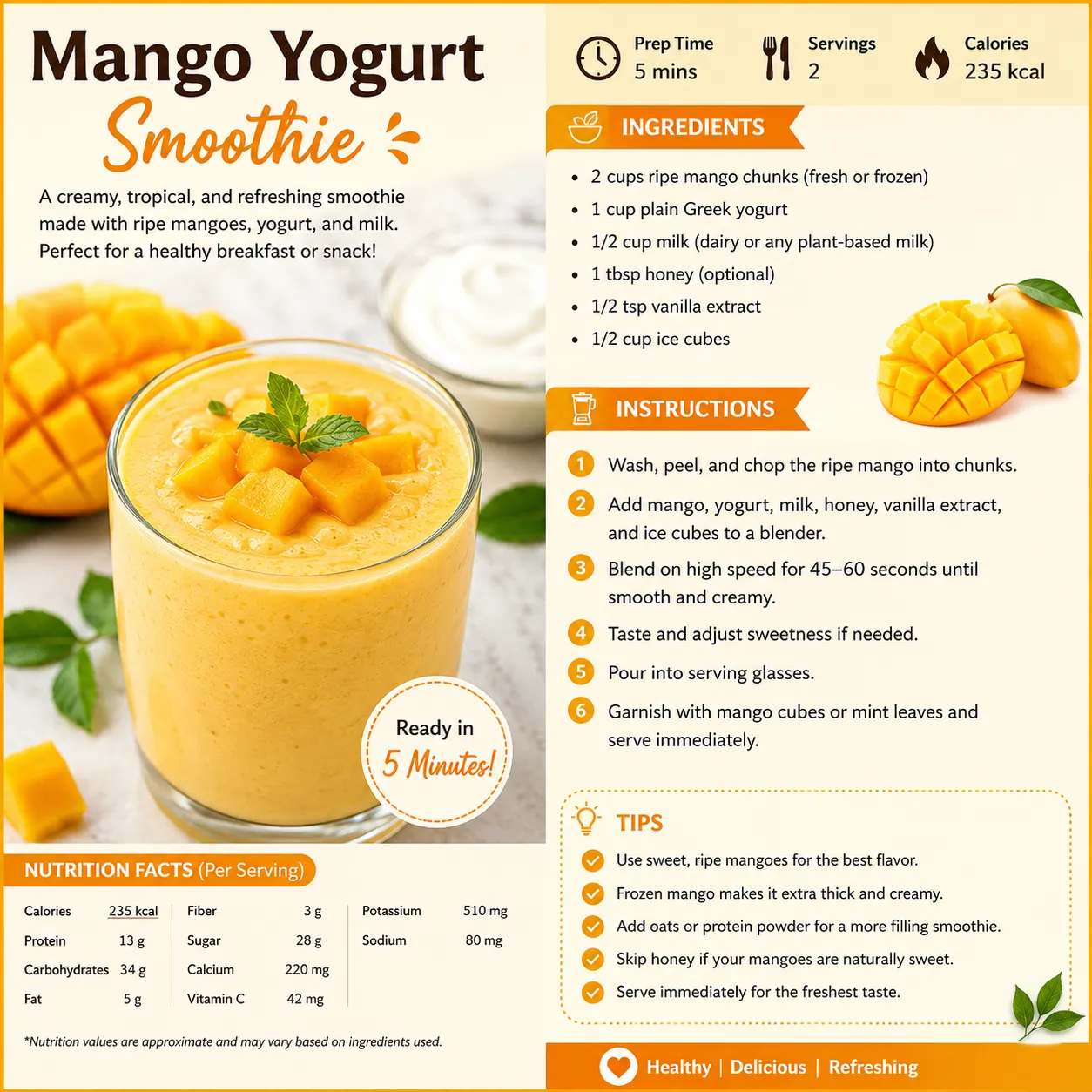 Creamy Mango Yogurt Smoothie made with ripe mangoes, Greek yogurt, and milk, served in a glass and topped with fresh mango cubes. A healthy high-protein breakfast smoothie ready in just 5 minutes.