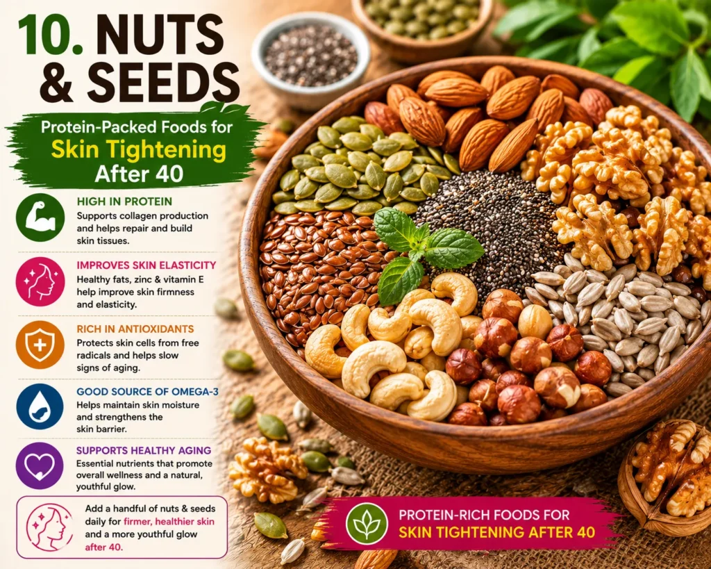 A bowl of mixed nuts and seeds, a protein-rich food for skin tightening after 40 that supports collagen production and skin elasticity.