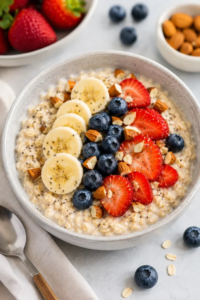 Healthy oatmeal topped with fresh strawberries, blueberries, banana slices, and almonds