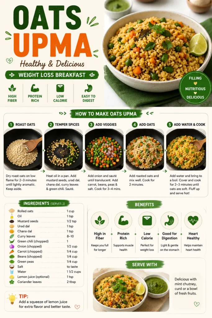 healthy oats upma with vegetables for weight loss and high fiber breakfast