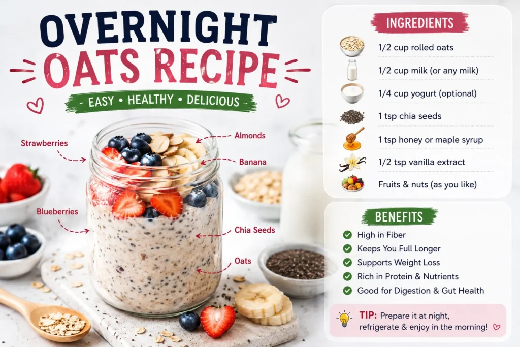 healthy overnight oats recipe with berries chia seeds and almonds for weight loss