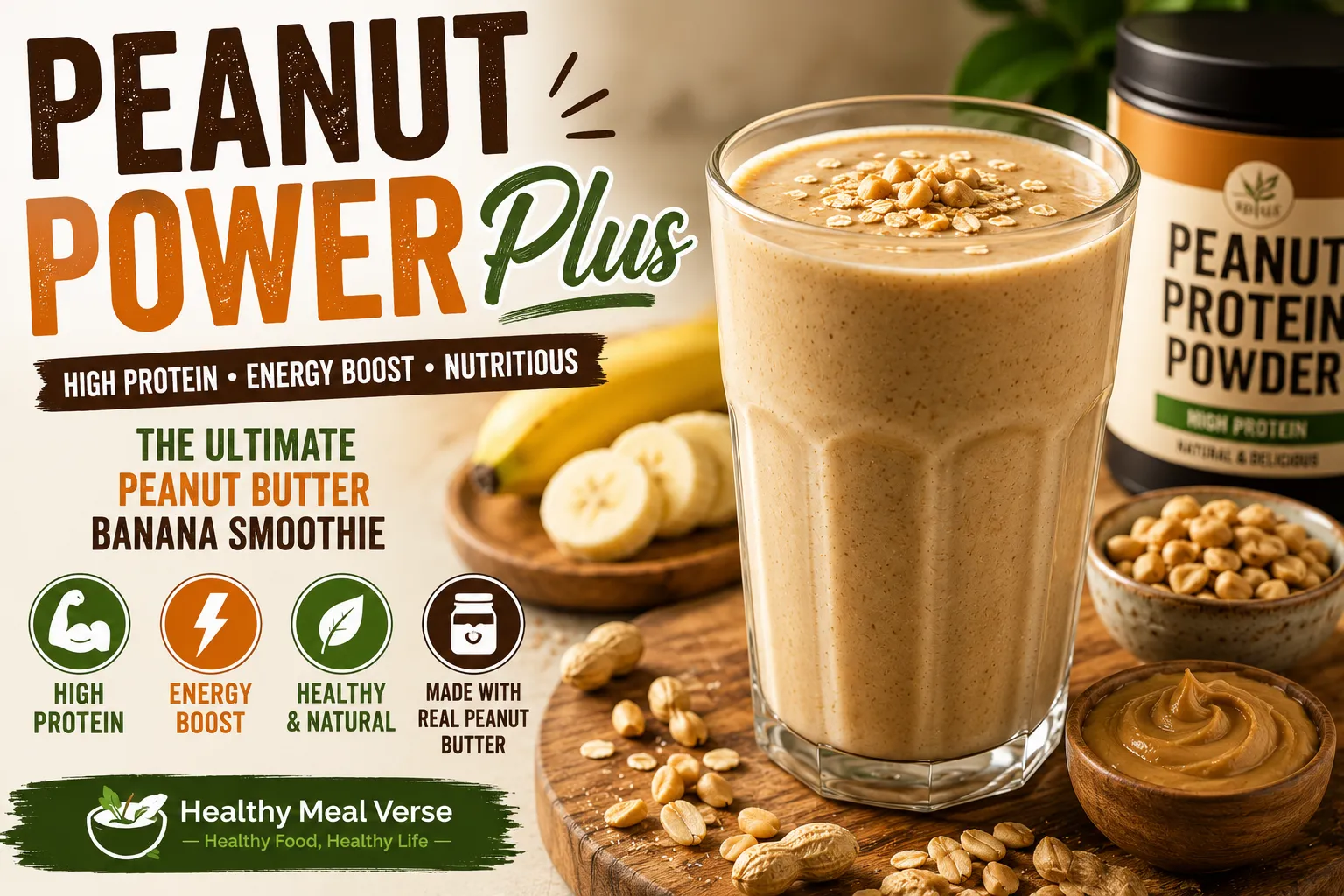 Creamy Peanut Power Plus Smoothie made with peanut butter, banana, protein powder, and almond milk in a glass for a healthy high-protein breakfast.