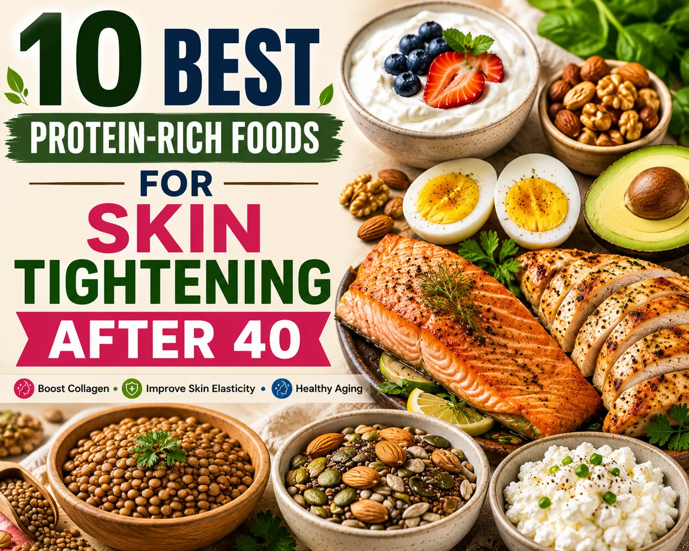 Protein-rich foods for skin tightening after 40 including eggs, salmon, Greek yogurt, chicken breast, lentils, and nuts.