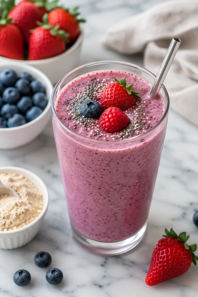 Protein smoothie healthy snack for weight loss with berries and chia seeds