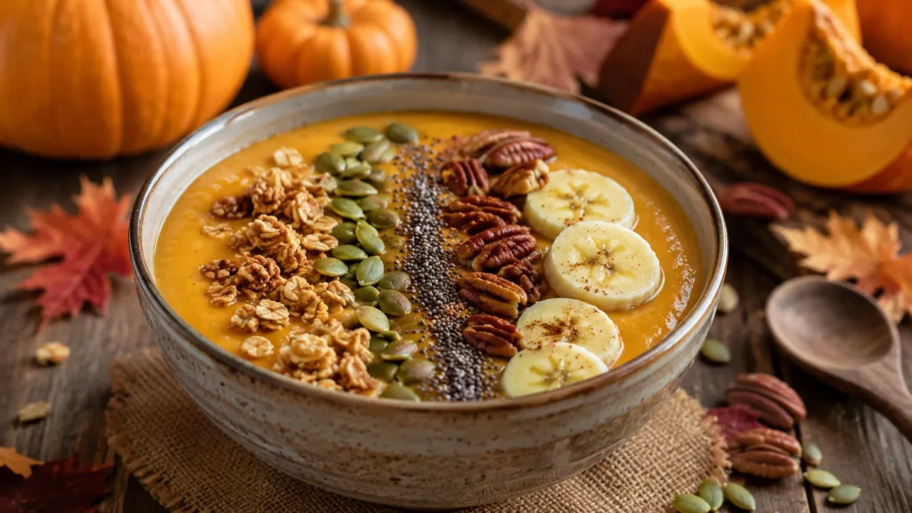 Creamy pumpkin smoothie bowl topped with granola, pumpkin seeds, banana slices, chia seeds, and pecans for a healthy fall breakfast.