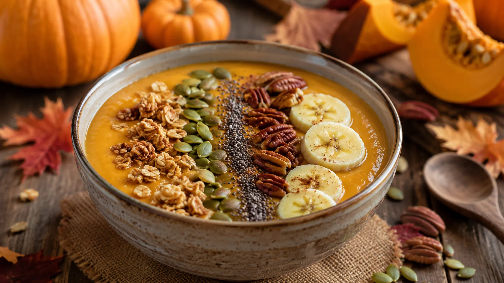 Creamy pumpkin smoothie bowl topped with granola, pumpkin seeds, banana slices, chia seeds, and pecans for a healthy fall breakfast.
