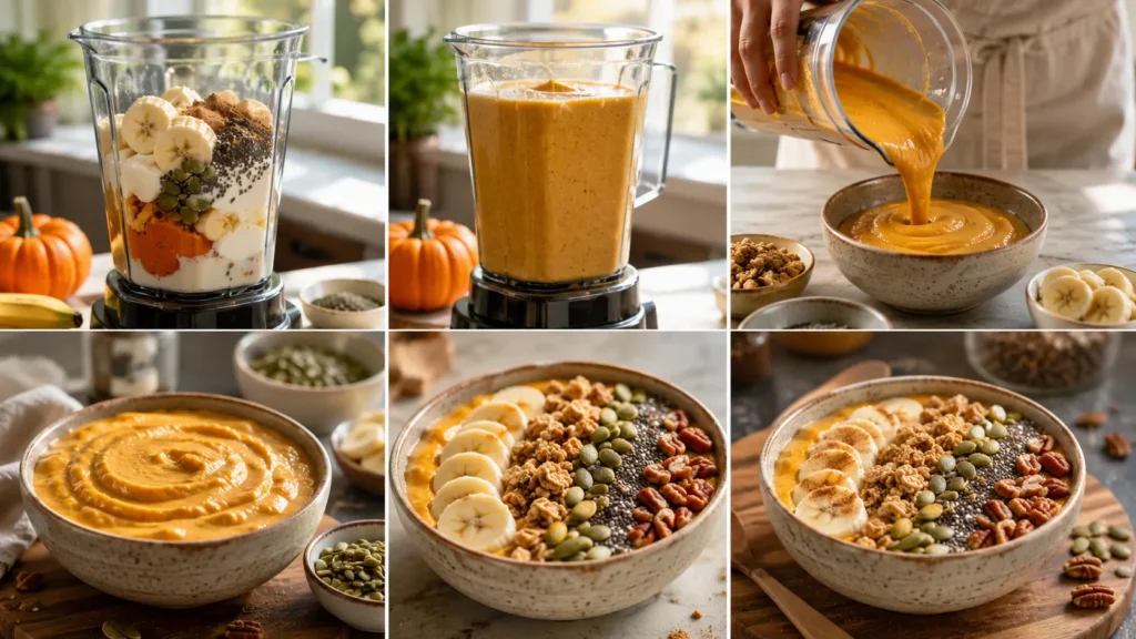 Step-by-step process of making a pumpkin smoothie bowl with pumpkin puree, banana, Greek yogurt, chia seeds, and healthy toppings.