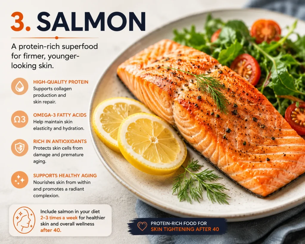 Grilled salmon with lemon slices, a protein-rich food for skin tightening after 40 that supports collagen production, skin elasticity, and healthy aging.