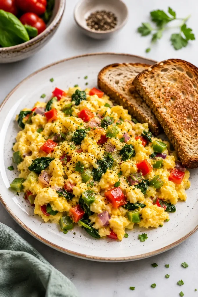 Scrambled eggs with spinach, bell peppers, onions, and whole grain toast