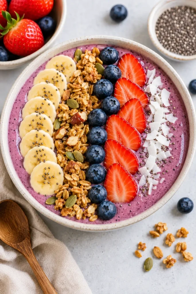 Berry smoothie bowl topped with banana slices, strawberries, blueberries, granola, and chia seeds