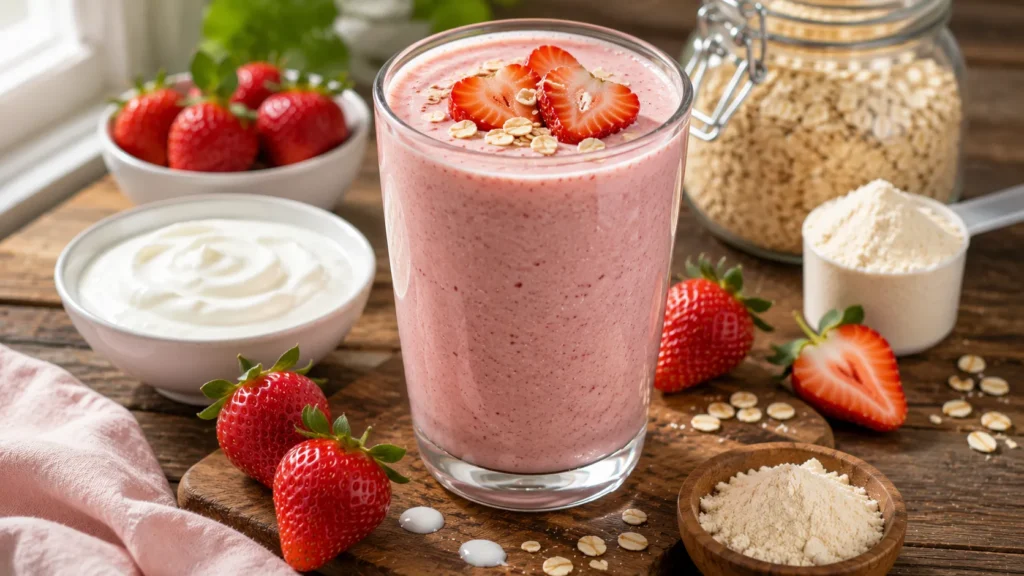 Creamy banana oat protein smoothie made with banana, oats, almond milk, and protein powder for healthy weight loss.