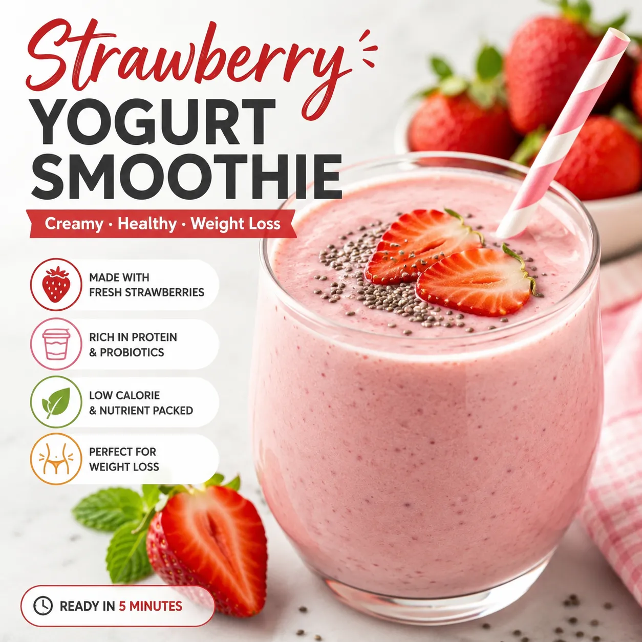 Creamy Strawberry Yogurt Smoothie made with fresh strawberries, Greek yogurt, and almond milk for a healthy weight loss breakfast.