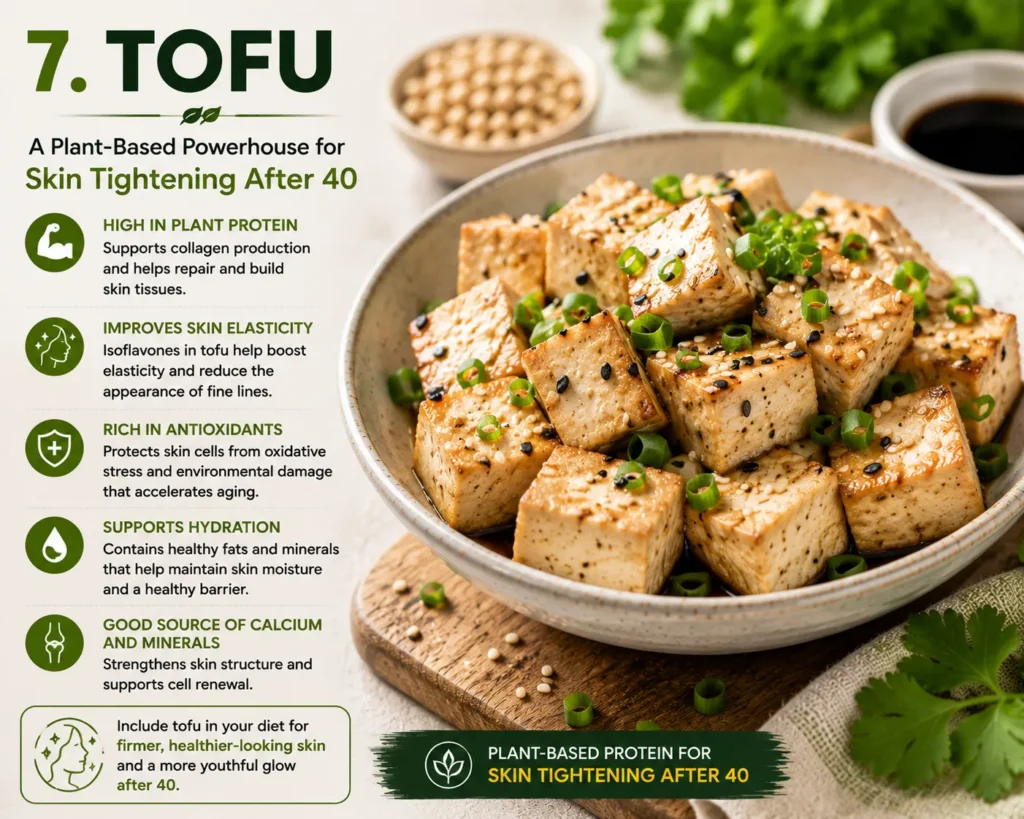 Fresh tofu cubes with vegetables, a plant-based protein-rich food for skin tightening after 40 that supports collagen production and skin elasticity.