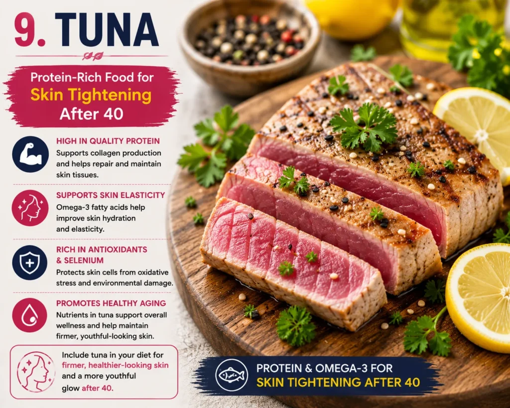 Fresh tuna steak with lemon and herbs, a protein-rich food for skin tightening after 40 that supports collagen production and skin elasticity.