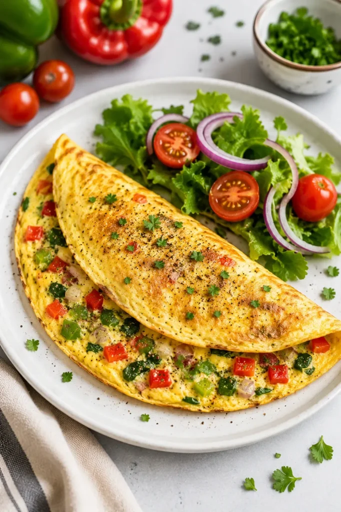 Vegetable omelet filled with bell peppers, onions, spinach, and herbs