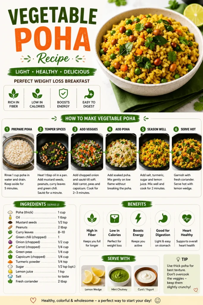 healthy vegetable poha breakfast recipe for weight loss with peas and vegetables