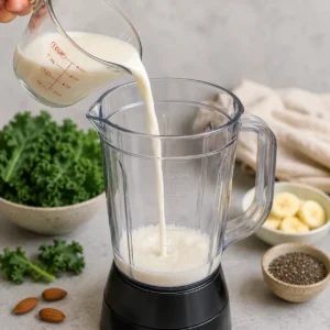Pouring unsweetened almond milk into a blender with fresh kale, banana, chia seeds, and almonds ready for making a healthy kale smoothie.