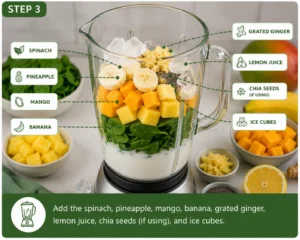 Adding spinach, pineapple, mango, banana, grated ginger, lemon juice, chia seeds, and ice cubes to a blender for a Detox Island Green Smoothie.