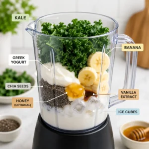 Fresh kale, banana slices, Greek yogurt, chia seeds, honey, vanilla extract, and ice cubes added to a blender for making a healthy kale smoothie.