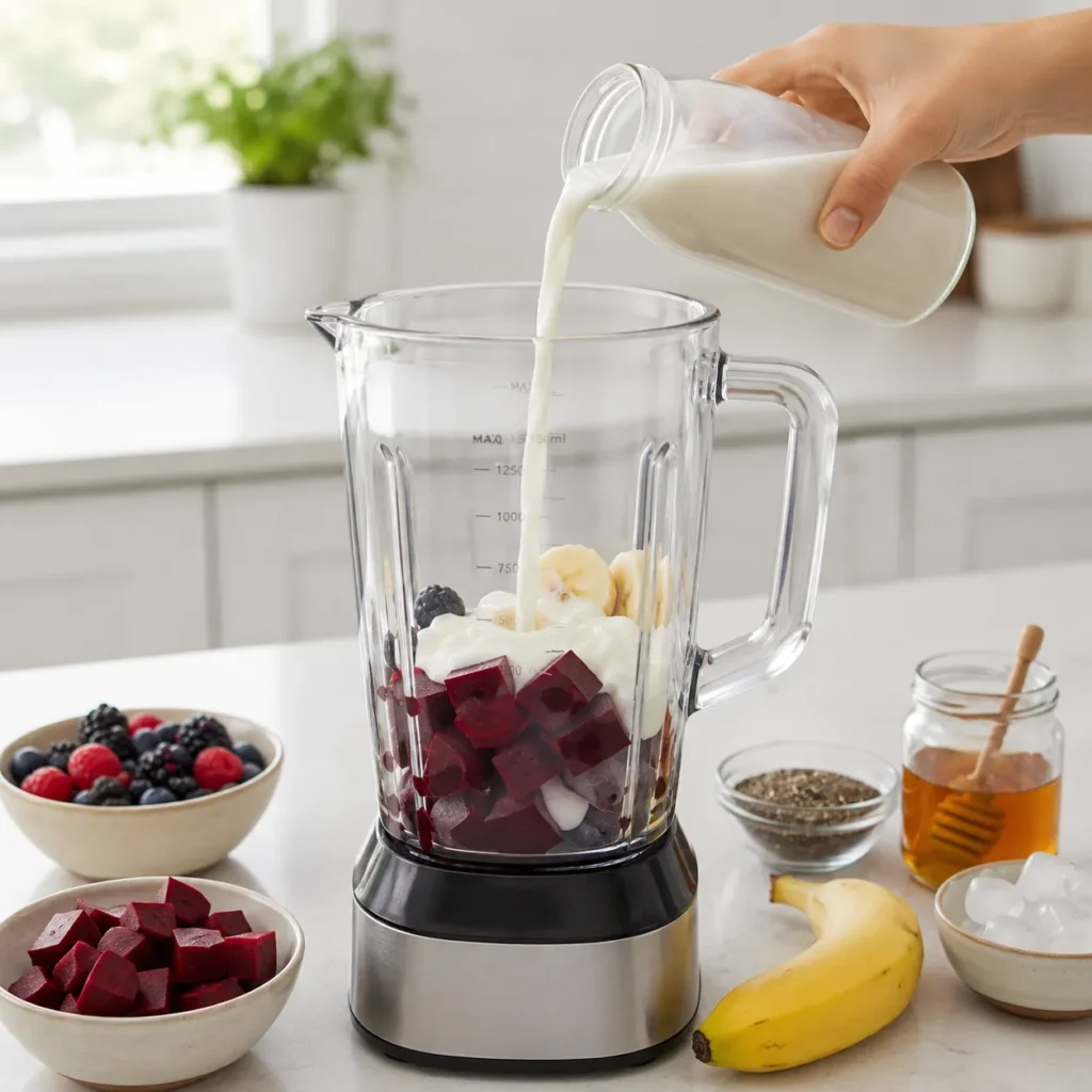 Pouring almond milk into a blender with Greek yogurt for a healthy beet smoothie recipe