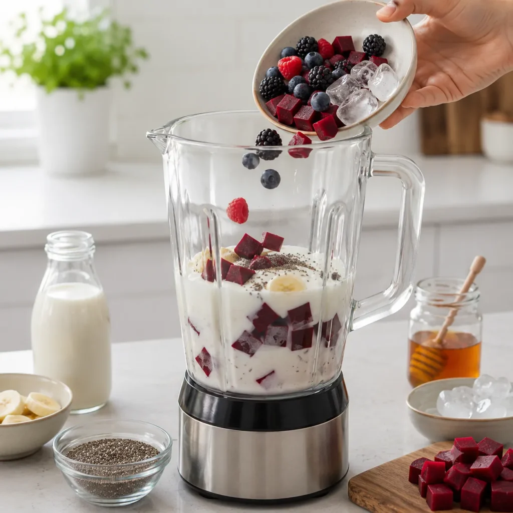 Adding chopped beetroot, mixed berries, and ice cubes to a blender for a healthy beet smoothie recipe