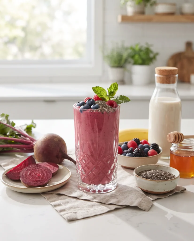 Creamy beet smoothie recipe served in a tall glass with fresh berries, chia seeds, mint, and healthy ingredients