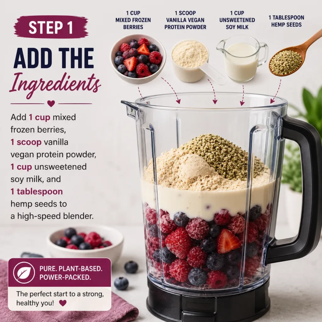 Adding mixed frozen berries, vegan protein powder, unsweetened soy milk, and hemp seeds to a blender for a Berry Protein Powerhouse smoothie.