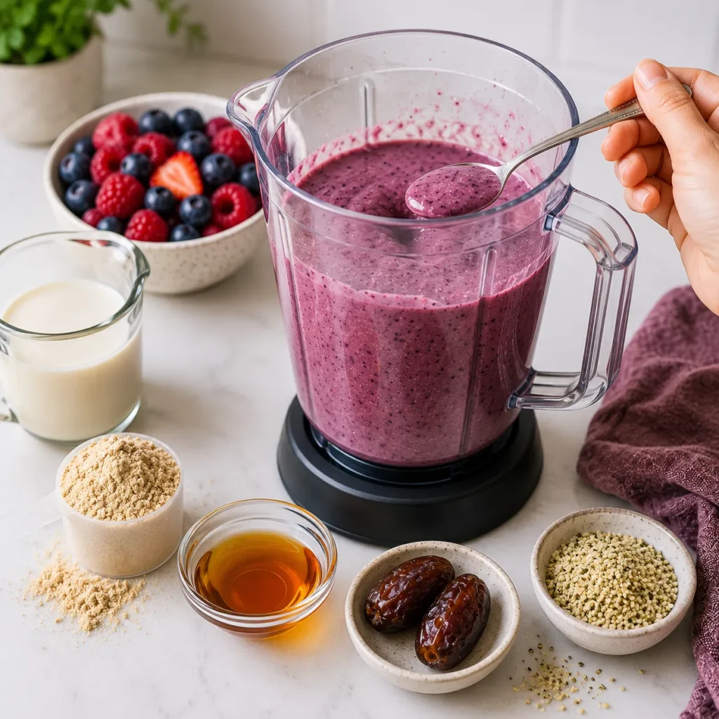 Tasting a Berry Protein Powerhouse smoothie and adjusting sweetness with maple syrup or dates before blending again for a perfectly balanced vegan protein smoothie.