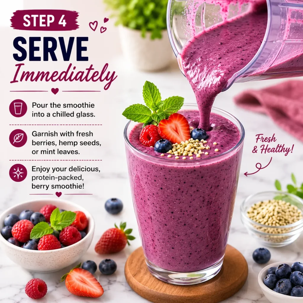 Pouring a Berry Protein Powerhouse smoothie into a chilled glass and garnishing with fresh blueberries, raspberries, strawberries, hemp seeds, and mint leaves.