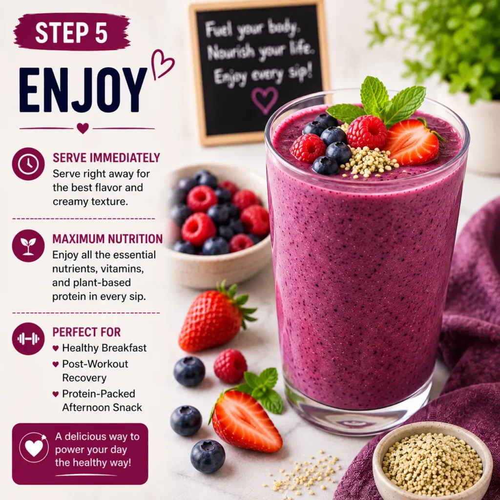 Berry Protein Powerhouse smoothie served in a glass with fresh blueberries, raspberries, strawberries, hemp seeds, and mint leaves, ready to enjoy as a healthy vegan breakfast or post-workout drink.
