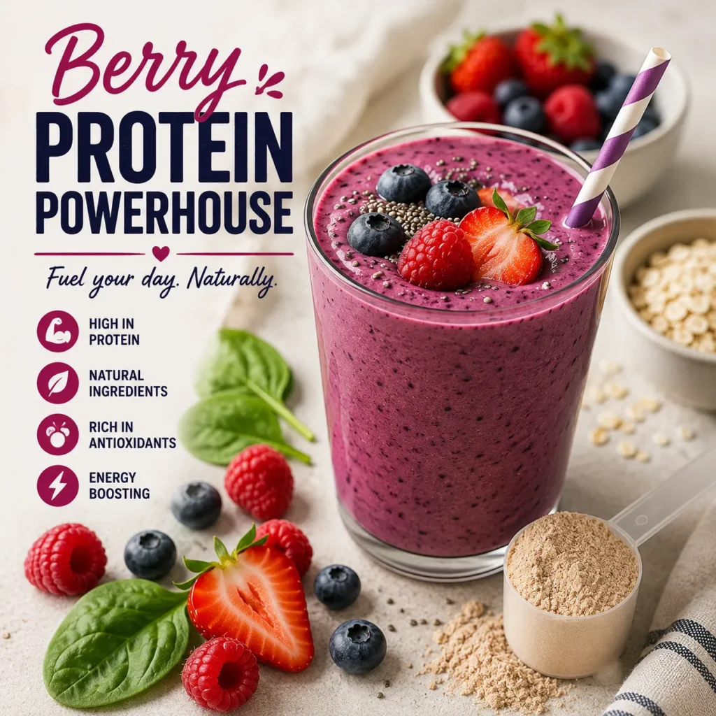 Berry Protein Powerhouse vegan smoothie made with mixed berries, plant-based protein powder, soy milk, and hemp seeds.