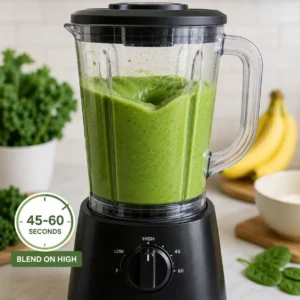 A blender mixing a healthy kale smoothie made with kale, banana, Greek yogurt, almond milk, and chia seeds until smooth and creamy.