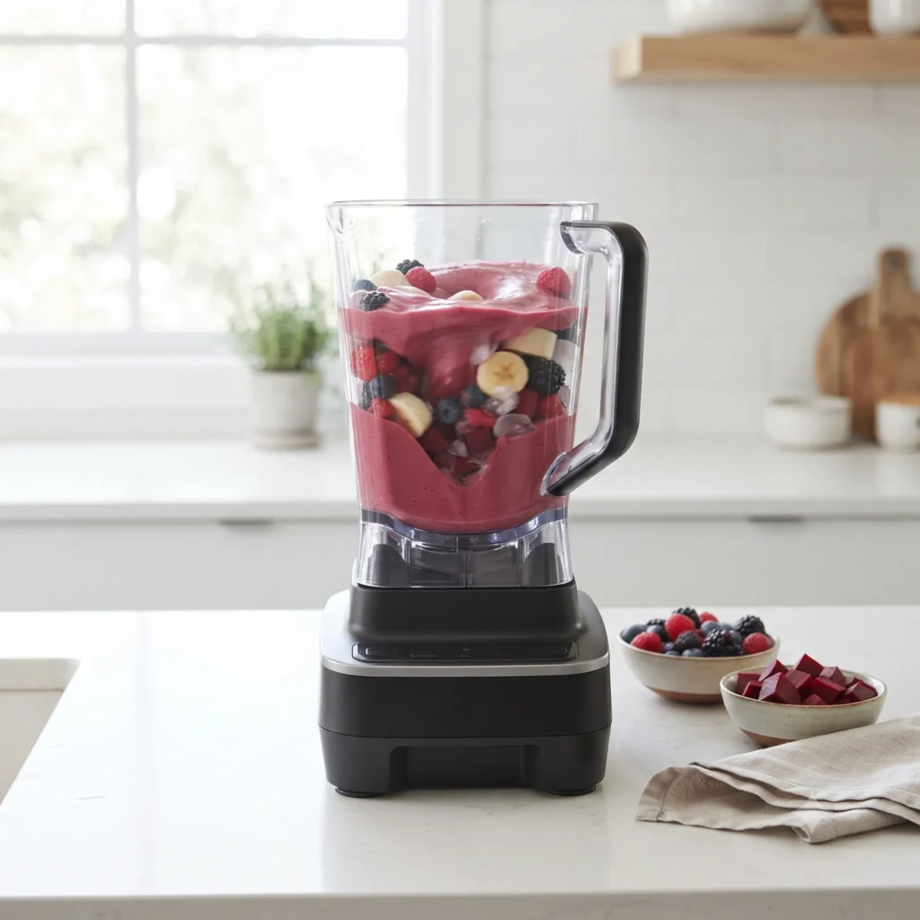 Blending beet smoothie ingredients until smooth and creamy in a high-speed blender