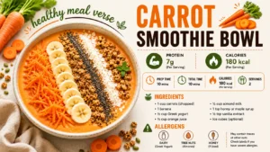 Carrot Smoothie recipe made with fresh carrots, banana, Greek yogurt, and orange juice, topped with granola, chia seeds, coconut flakes, and walnuts. A healthy high-protein breakfast smoothie packed with vitamin A and fiber.