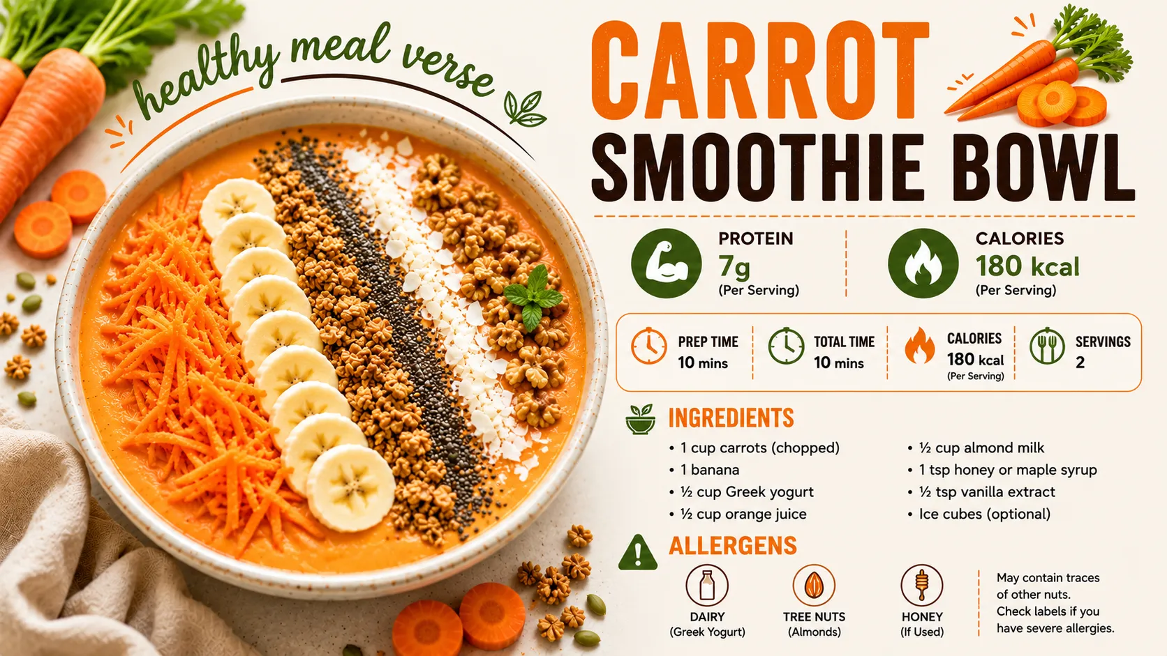 Carrot Smoothie recipe made with fresh carrots, banana, Greek yogurt, and orange juice, topped with granola, chia seeds, coconut flakes, and walnuts. A healthy high-protein breakfast smoothie packed with vitamin A and fiber.