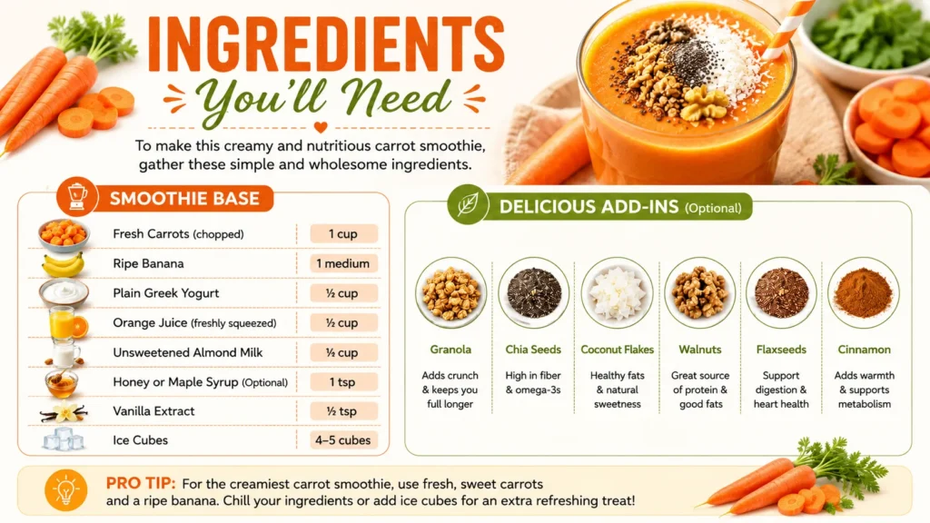 Carrot Smoothie ingredients card showing fresh carrots, banana, Greek yogurt, orange juice, almond milk, honey, vanilla extract, ice cubes, and optional toppings like granola, chia seeds, walnuts, flaxseeds, cinnamon, hemp seeds, and pumpkin seeds.
