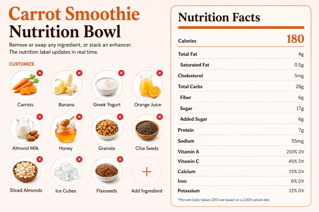 Carrot Smoothie nutrition facts card showing calories, protein, carbohydrates, fiber, fat, vitamin A, vitamin C, calcium, iron, and ingredients including carrots, banana, Greek yogurt, orange juice, almond milk, chia seeds, and granola.