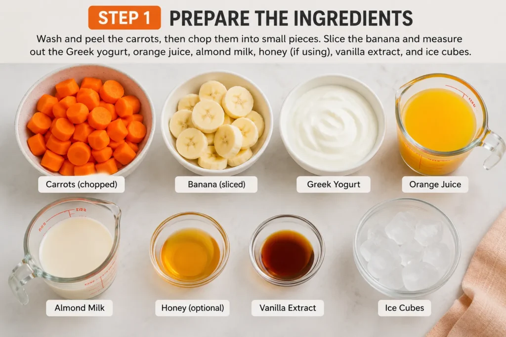 Step 1 of making Carrot Smoothie showing chopped carrots, sliced banana, Greek yogurt, orange juice, almond milk, honey, vanilla extract, and ice cubes prepared before blending.