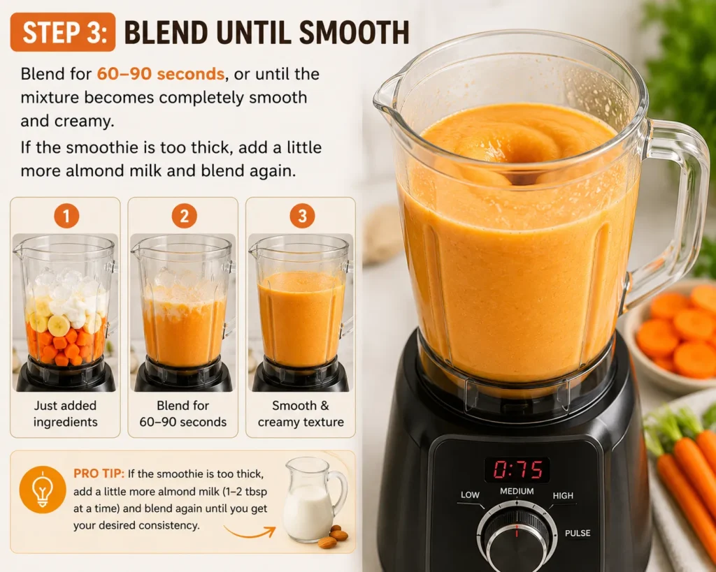 Step 3 of making Carrot Smoothie showing the ingredients blended for 60–90 seconds until smooth and creamy in a high-speed blender, with almond milk added if needed for the perfect consistency.