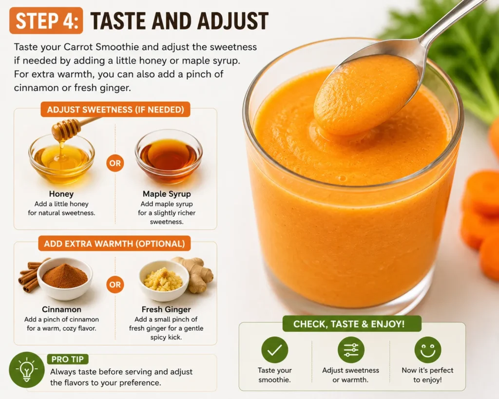 Step 4 of making Carrot Smoothie showing a spoon tasting the smoothie and adjusting the flavor with honey or maple syrup, plus optional cinnamon or fresh ginger for extra warmth.