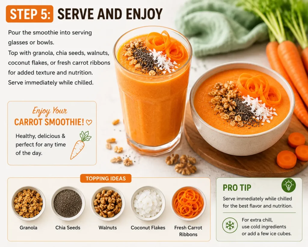 Step 5 of making Carrot Smoothie showing the finished smoothie served in a glass and bowl, topped with granola, chia seeds, walnuts, coconut flakes, and fresh carrot ribbons.
